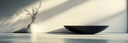 A serene interior showcases a large black bowl and a sleek white vase with delicate flowers, illuminated by soft sunlight.の素材