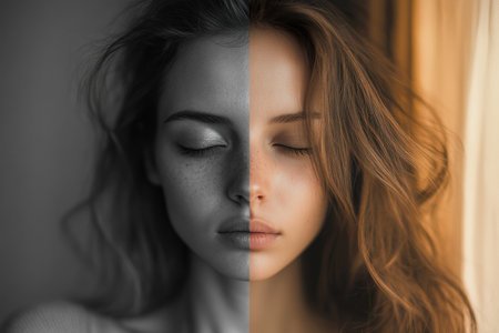 Left side a sad grayscale portrait. Right side a vibrant, serene expression, reflecting emotional change.の素材
