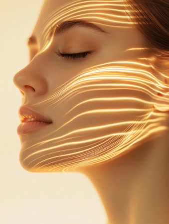 A young woman with a serene expression stands against a soft background while golden lines symbolize the lifting effects of rejuvenation treatments.の素材
