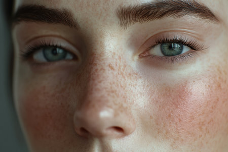 A close up of a womans face reveals the left side marked with drawn lines indicating age, while the right side appears smooth and youthful.の素材