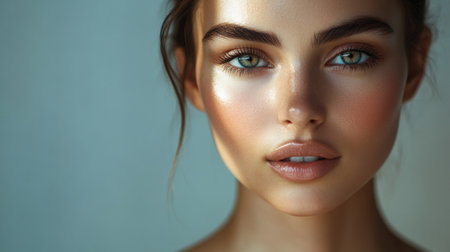 A woman with perfect skin gazes directly at the viewer. Her striking green eyes contrast with soft light, creating a captivating look.の素材