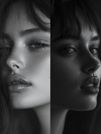 A striking mood transformation shows a person with a sad expression in grayscale and a bright, vibrant look on the other side, reflecting change.の素材