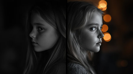 A young girl displays a sad expression in grayscale on the left, transitioning to a vibrant, joyful look on the right.の素材