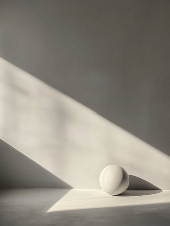 A soft textured sphere rests on a surface while natural light casts long shadows, creating a calm and tranquil atmosphere.の素材