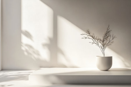 Soft light illuminates a potted plant on a seamless surface, creating tranquil shadows and emphasizing the minimalist design.の素材