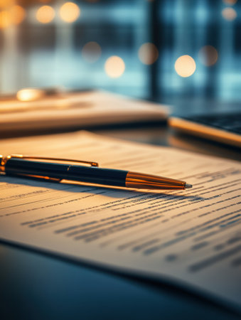 A pen rests on important papers as soft, warm light creates a cozy atmosphere in the workspace at dusk.の素材