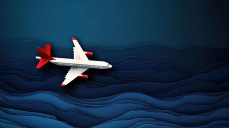 A colorful airplane is depicted flying overhead while sleek, layered ocean waves add depth and artistic flair to the background.の素材