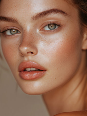 Close up view of a woman highlighting her flawless skin, natural makeup, and captivating eyes under gentle lighting at a serene location.の素材