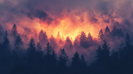 Flames consume trees as thick smoke rises into the sky, creating a dramatic and dangerous environment in the forest during wildfires.の素材