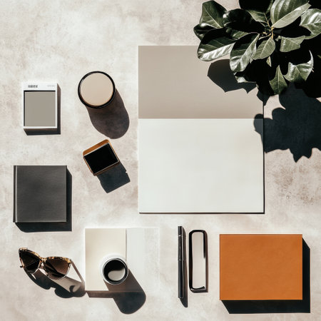 A neatly organized workspace showcases varied stationery items, a plant, and stylish accessories on a light surface, creating an inviting atmosphere.の素材