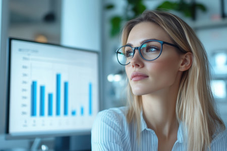 A business professional reflects on a bar chart highlighting the transition from low sales to remarkable growth within a specified timeframe.の素材