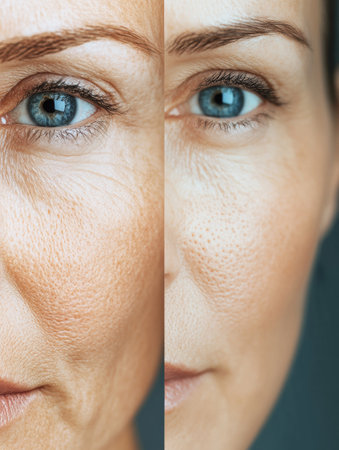 Close up of a womans face highlights the stark difference between aging skin with wrinkles on one side and youthful smoothness on the other.の素材