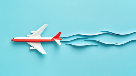 A striking red and white airplane glides through a vibrant blue sky, showing the theme of leadership and the journey to success and achievement.の素材