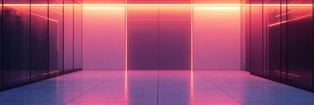 A modern corridor showcases neon lights creating striking reflections on sleek surfaces, evoking a futuristic atmosphere during twilight.の素材