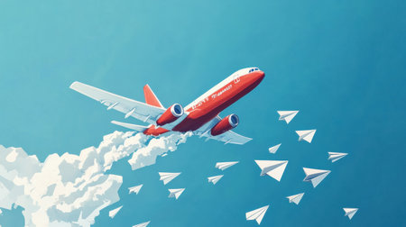 A red and white airplane confidently directs paper smaller planes against a vibrant blue sky, showingcasing leadership and creativity.の素材