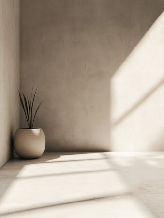 Sunlight streams through a corner, creating gentle shadows on the warm toned walls while a plant adds a touch of greenery and calm.の素材