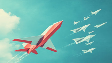 A red and white airplane guides a formation of paper smaller planes against a stunning blue sky, highlighting concepts of leadership and teamwork.の素材