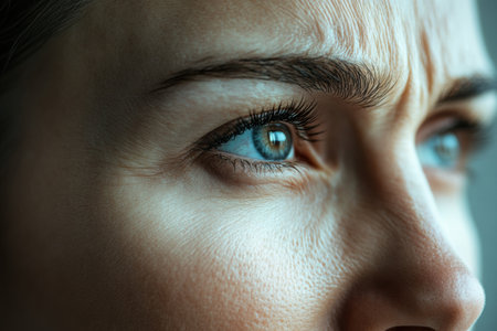 A womans left side displays drawn lines indicating age, while the right side remains smooth and youthful, highlighting differences in skin texture.の素材