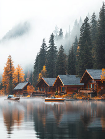 Wooden cabins line the tranquil lake, set against a backdrop of colorful autumn trees and shrouded in morning mist.の素材