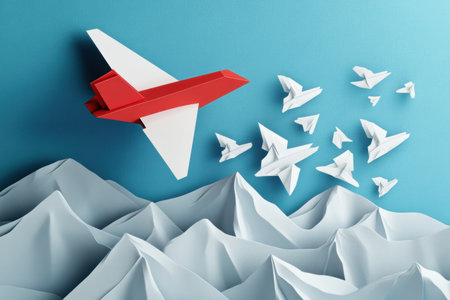 A vibrant red and white airplane guides a flock of smaller paper planes across a bright blue sky above stylized mountains, showcasing leadership.の素材