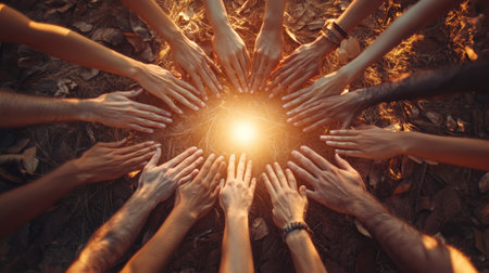Diverse group of individuals sitting together in a cozy circle, engaged in team bonding activities surrounded by nature during a coaching program.の素材