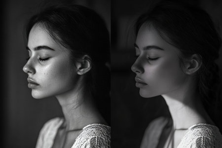 The left side shows a sad expression in grayscale, while the right side reveals a serene mood in vibrant color, highlighting the contrast.の素材