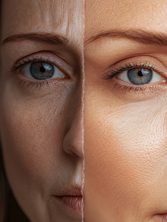 The left side of a womans face displays visible signs of aging, while the right side shows smooth, wrinkle free skin, illustrating beauty contrast.の素材