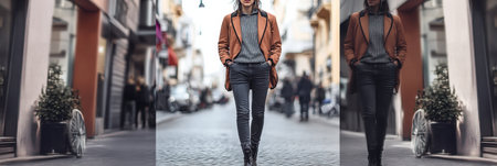 A individual stylish transitions from a casual messy look to an elegant outfit while walking through a fashionable city street.の素材