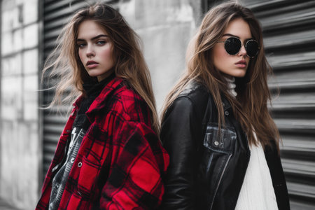 Two models showcase contrasting styles in an urban setting, one in casual attire and the other in a chic outfit, highlighting street fashion.の素材