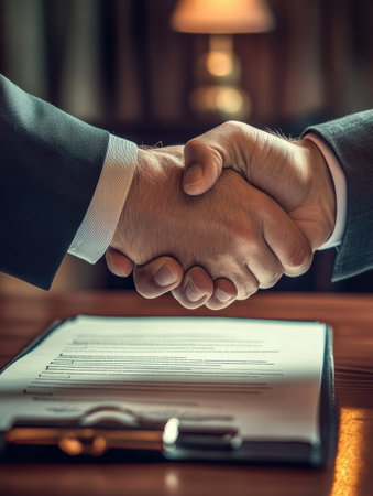 Two professionals shake hands over a signed contract on a wooden table in a cozy office, symbolizing a successful agreement.の素材