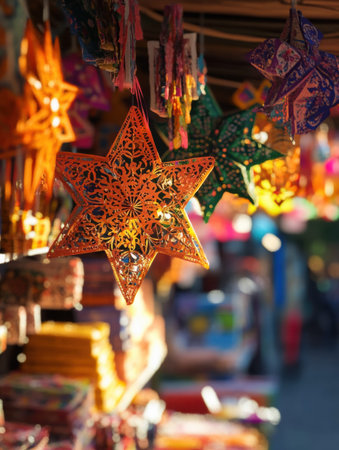 Vibrant paper stars in various colors hang from a market stall, creating a festive atmosphere as people explore the artistic displays.の素材