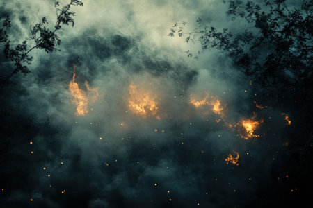 Flames rise from a dense forest, thick smoke billowing into the sky, creating a vivid backdrop for urgent conservation messages.の素材