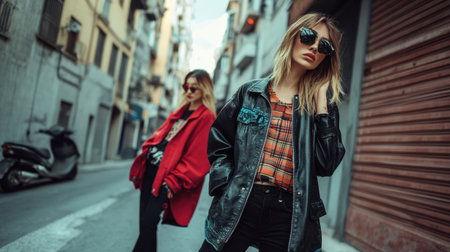 Two individuals showcase a striking transformation from casual attire to elegant fashion in an urban setting during golden hour.の素材