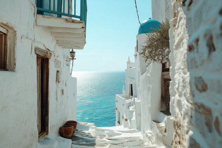 Winding alleyway with whitewashed structures leads to sparkling blue water, basking in sunlight at a peaceful coastal location.の素材