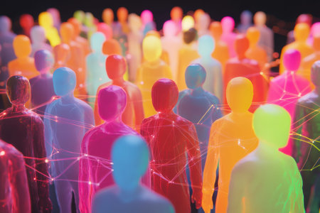 Colorful 3D avatars are linked by luminous network lines, showcasing a dynamic digital social media interaction among users.の素材