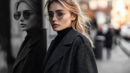 A woman transitions from a casual appearance to an elegant outfit while walking through a lively urban setting during autumn.の素材