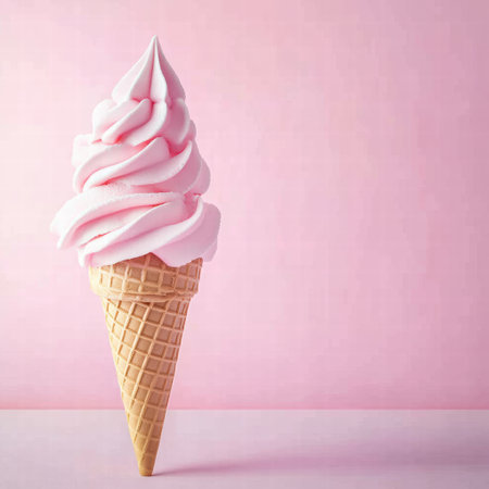 A beautifully swirled soft pink ice cream tower rises from a waffle cone, set against a light pastel backdrop.の素材
