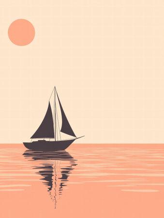 A sailboat glides smoothly across tranquil waters at sunset, reflecting warm colors of the sun in a serene atmosphere.の素材