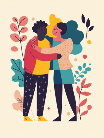 Two friends are happily embracing each other in a vibrant, artistic environment filled with leaves and playful patterns, showcasing friendship.の素材