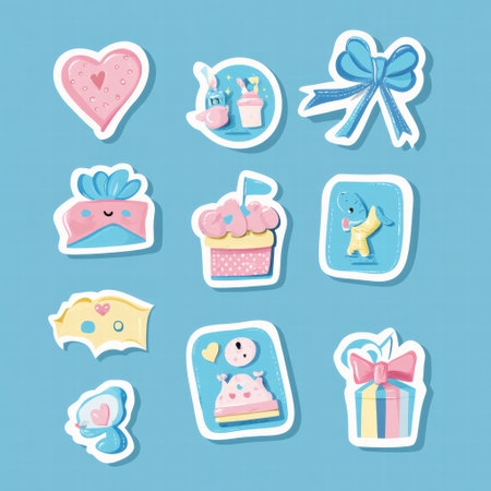 Various colorful stickers display sweet treats and cute icons, set against a blue background for fun and creativity.の素材