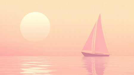 A sailboat drifts peacefully on tranquil waters as the soft pink hues of sunset reflect on the surface, creating a serene atmosphere.の素材