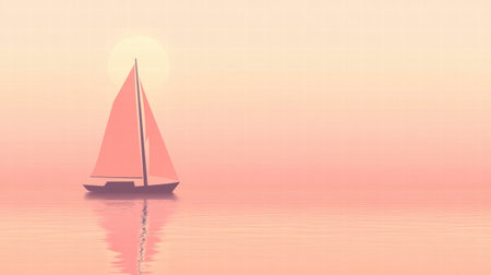 A sailboat gracefully moves through tranquil waters at sunrise, surrounded by soft pastel colors that reflect on the surface.の素材