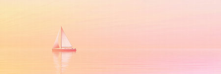 A sailboat glides across still waters while vibrant pastel colors fill the sky at sunset, creating a tranquil atmosphere on the horizon.の素材
