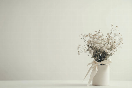 A white vase holds a bouquet of delicate dried flowers, creating a serene atmosphere against a minimalistic backdrop.の素材