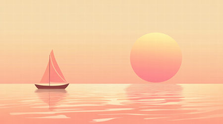A sailboat glides across still waters as a vibrant sunset casts a warm glow, creating a tranquil and dreamy atmosphere.の素材