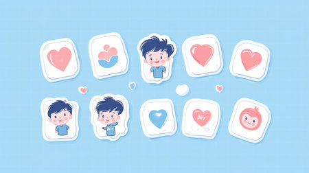 Cartoon characters display various heart shapes and emotions while promoting love and friendship in a fun and colorful style.の素材