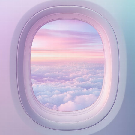 Soft pastel colors fill the sky as the sun rises above the clouds, viewed from a cozy airplane window during morning travel.の素材