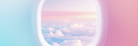 Soft pastel colors mix in the sky as fluffy clouds drift below, viewed from an airplane window during a peaceful evening flight.の素材