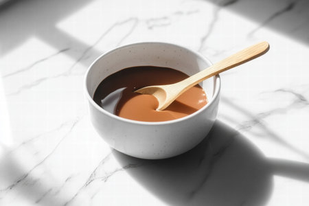 A smooth chocolate mixture fills a white bowl on a marble countertop, illuminated by sunlight. A wooden spoon rests inside, suggesting enjoyment.の素材