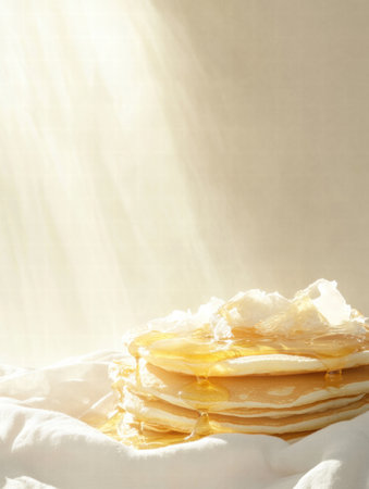 Fluffy pancakes are layered with melting butter and drizzled syrup, illuminated by warm sunlight in a serene kitchen setting.の素材